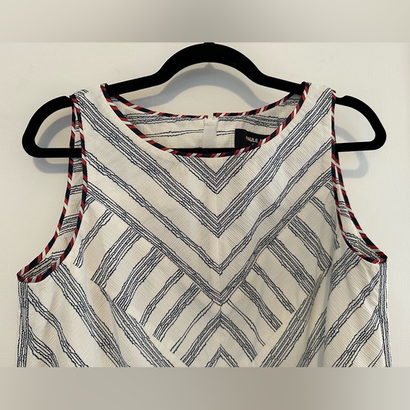 Paule Ka white shift midi dress w/ navy lines + colored trim - 42 (FR)/ US 8/10 - Picture 2 of 9